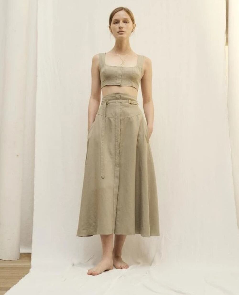 NWT LE KASHA Jirja 100% Organic Linen Crop Top Khaki Made in France
